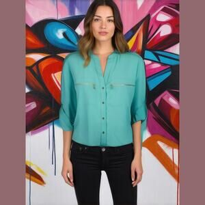 Calvin Klein Aqua Long Roll Tab Sleeves Zip Pockets Sheer Chiffon Tunic Blouse S